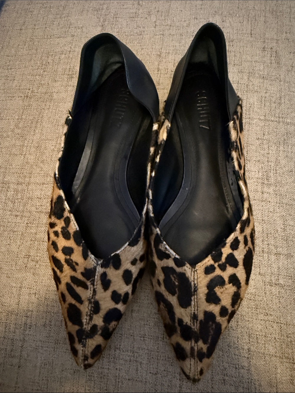 SCHUTZ Leopard-Print Pointed Toe Flats in Tan and Black